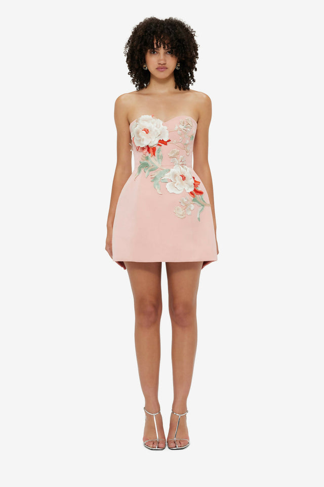 Leo Lin Rosario Appliqué Bustier Mini Dress - Peony Print - 12 / Pink - Dresses