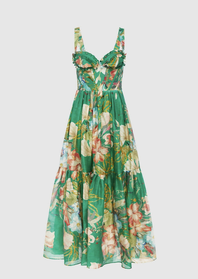 Leo Lin Rose Bustier Midi In Verdant Print - Dresses