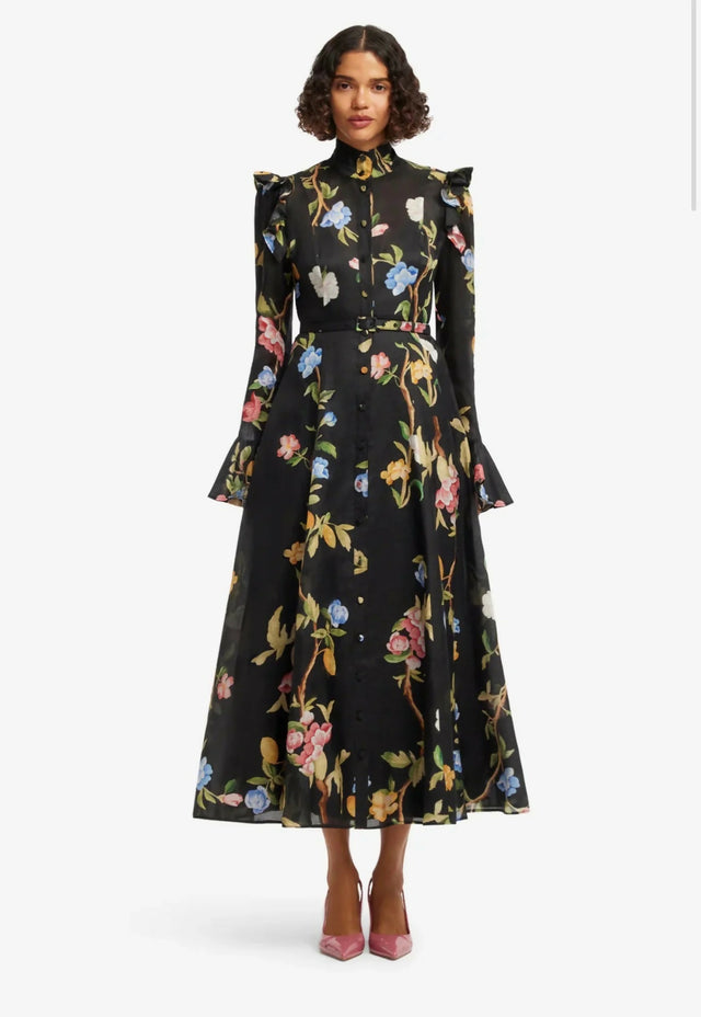 Leo Lin Katrina Butterfly Sleeve Midi Dress in Lemon Vine Print in Ebony