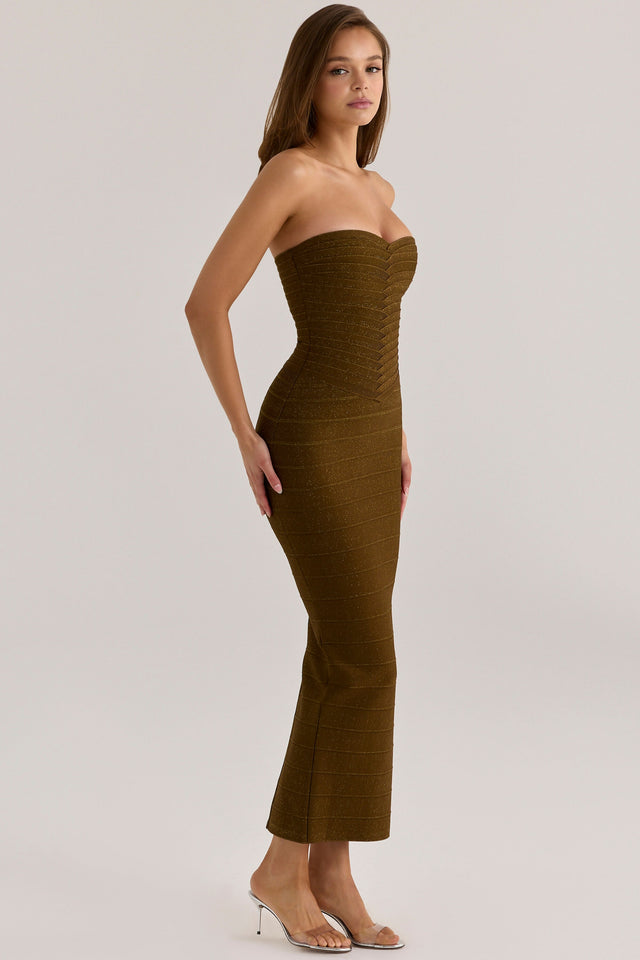 House Of CB Olive Shimmer Strapless V Waist Bandage Maxi Dress