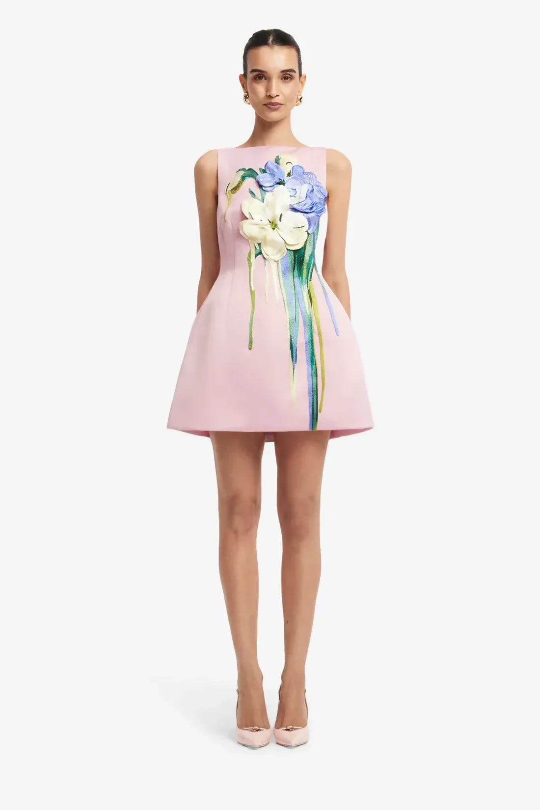 Leo Lin Ali Embroidered Boat Neck Mini Dress Bouquet Print in Pastel Pink – designer dress hire