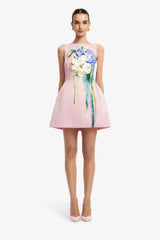 Leo Lin Ali Embroidered Boat Neck Mini Dress Bouquet Print in Pastel Pink view 1