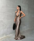 Melani Maria Cowl Gown in Bronze Gold Foil - 6 / Brown - Dresses