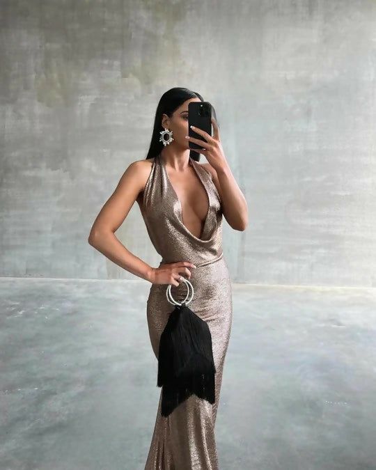 Melani Maria Cowl Gown in Bronze Gold Foil - 6 / Brown - Dresses