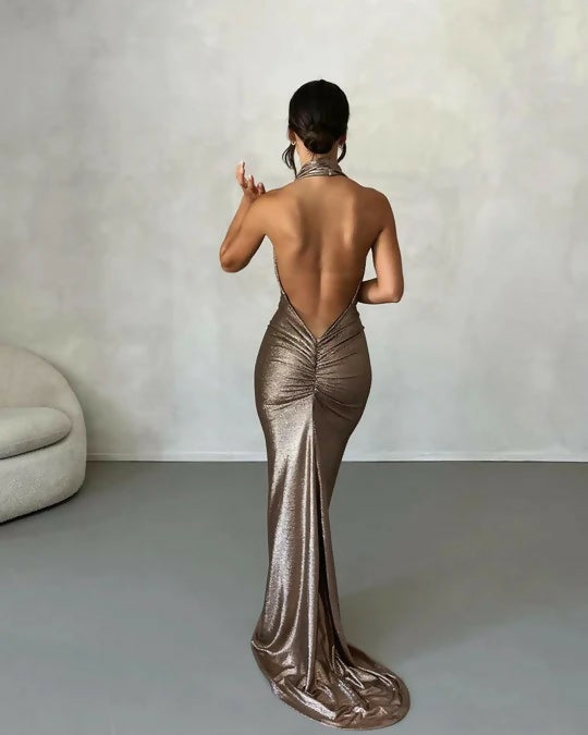 Melani Maria Cowl Gown in Bronze Gold Foil - 6 / Brown - Dresses
