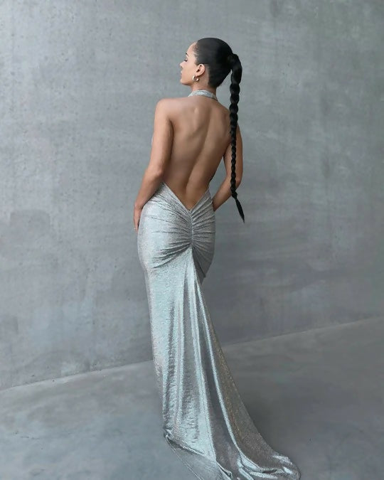 Melani Maria Cowl Gown in Moonlight Silver Foil - 12 / Silver - Dresses