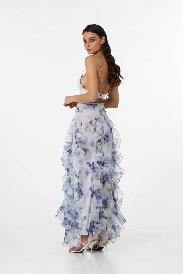 Menti Santorini Iris Flower Dress Blue Roses Chiffon - Dresses
