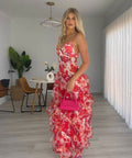 Menti Santorini Iris Flower Dress Red Floral Chiffon - Dresses