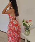 Menti Santorini Iris Flower Dress Red Floral Chiffon - Dresses