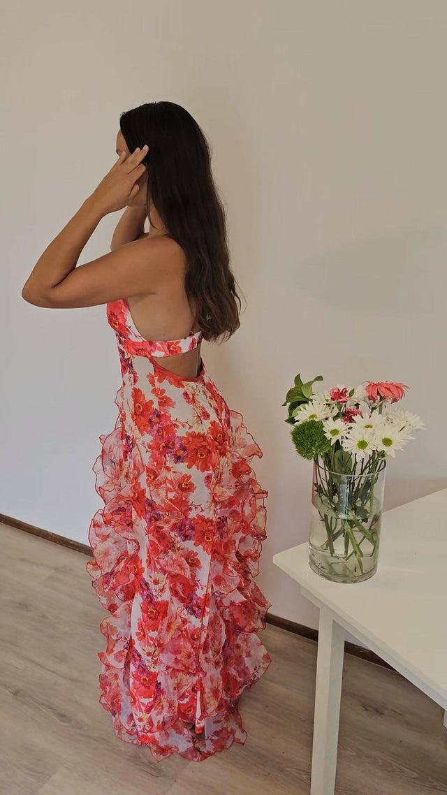 strapless open back dress Menti Santorini Iris Flower Dress Red Floral Chiffon