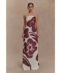 Meshki - Amaya Strapless Chiffon Maxi Dress - Brown Deco Fleur Print - 10 / Print - Dresses