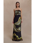 Meshki - Amaya Strapless Chiffon Maxi Dress - Green Fluid Reverie - 16 / Print - Dresses