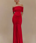 Meshki Caspian Slinky & Mesh Off-Shoulder Maxi — Red - Dresses