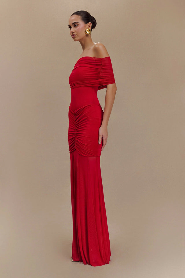 Meshki Caspian Slinky & Mesh Off-Shoulder Maxi — Red - Dresses