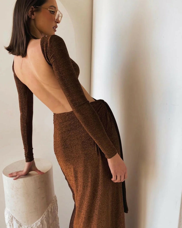 Meshki Christina Backless Maxi Wrap Gown - 6 / Brown - Dresses