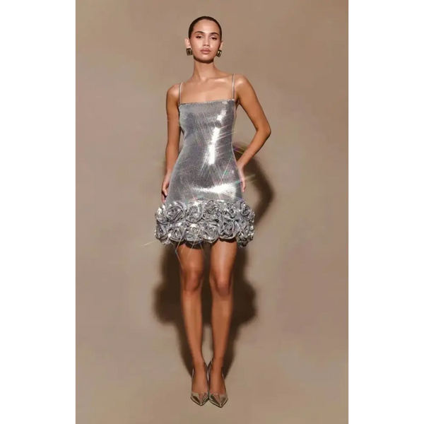 Meshki Faye Sequin Flower Mini Dress Silver Size AU 8