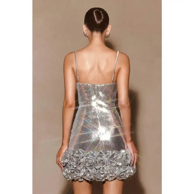 Meshki Faye Sequin Flower Mini Dress Silver Size AU 8 - 8 / Silver - Dresses