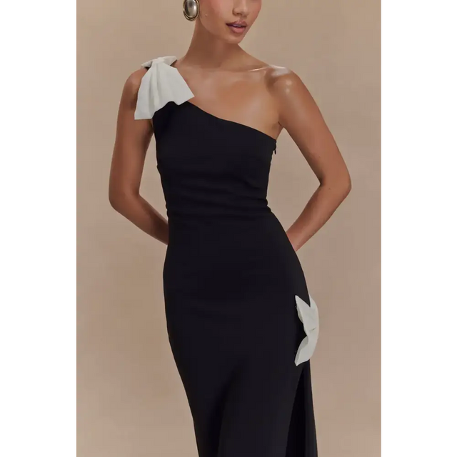 Meshki Hallie One Shoulder Bow Maxi Dress Black/White | Passion For Fashion Meshki Hallie One Shoulder Bow Maxi Dress Black/White | Passion For Fashion
