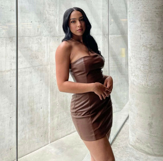 knee length dresses for ladies Meshki 'Pamela' Chocolate Faux Leather Mini Passion