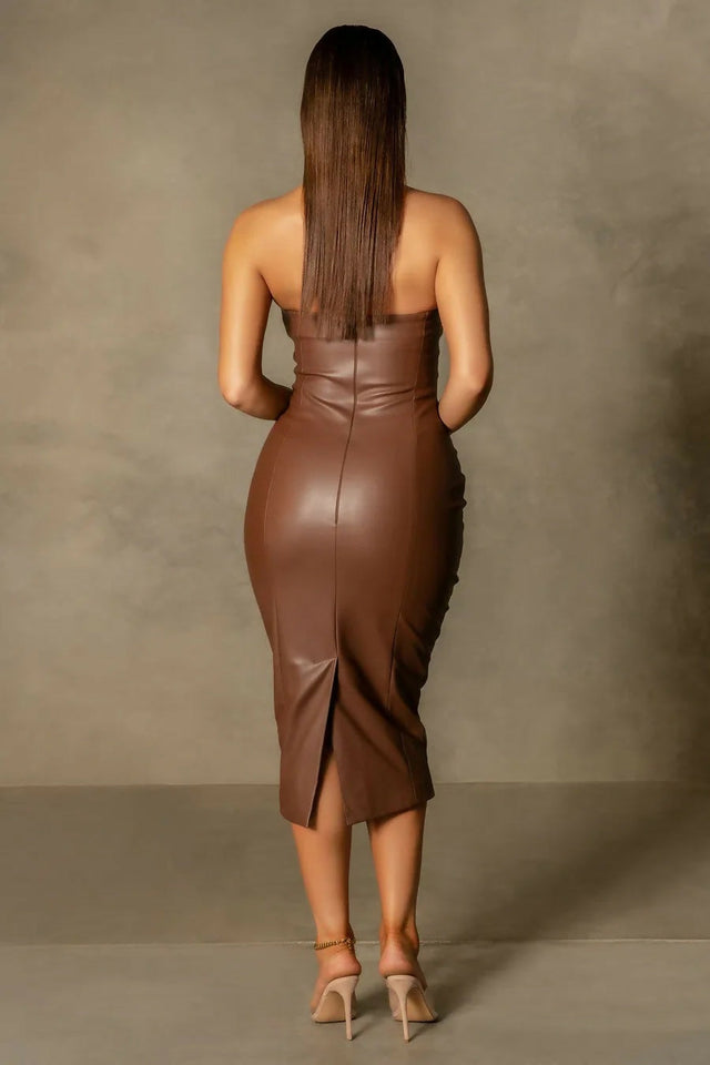 Meshki Pamela Strapless Faux Leather Dress in Chocolate Size 6 & 8 - 6 / Brown - Dresses