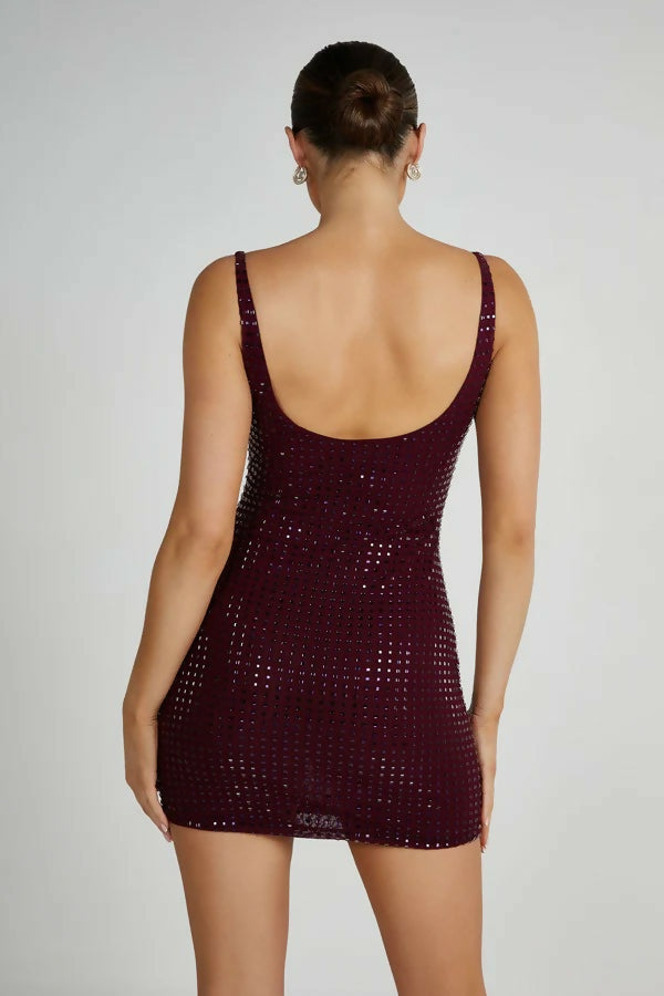 Meshki Presley Diamanté Square Mini Dress in Berry - 6 / Red - Dresses