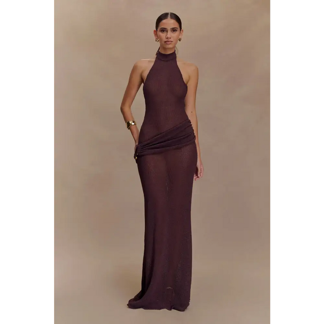 Meshki Reece Halter Knit Maxi Dress Chocolate