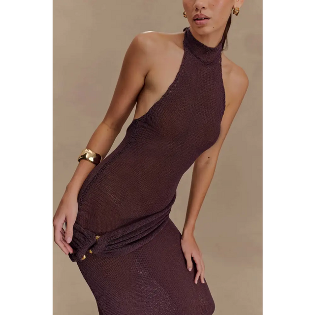 Meshki Reece Halter Knit Maxi Dress Chocolate