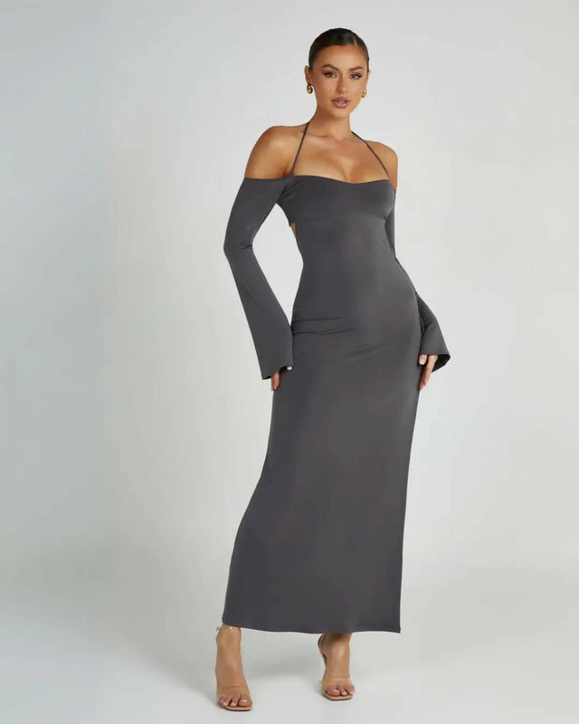 Meshki Slinky Off Shoulder Maxi Dress in Charcoal - 8 / Gray - Dresses