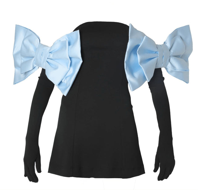 Black Scuba Dress, Gloves & Blue Bows - Passion For Fashion 