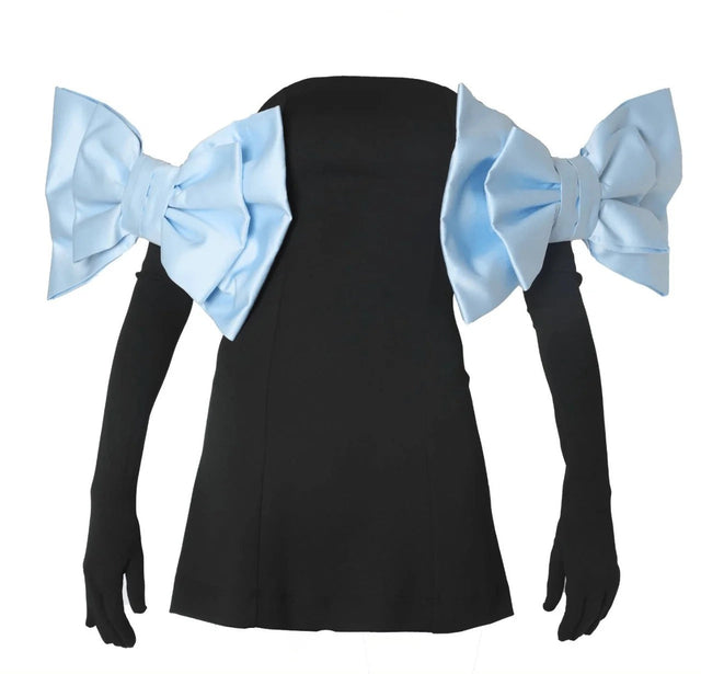 Miscreants Black Scuba Dress With Gloves & Blue Bows Black Multi / Size 8 - 8 / Black - Dresses