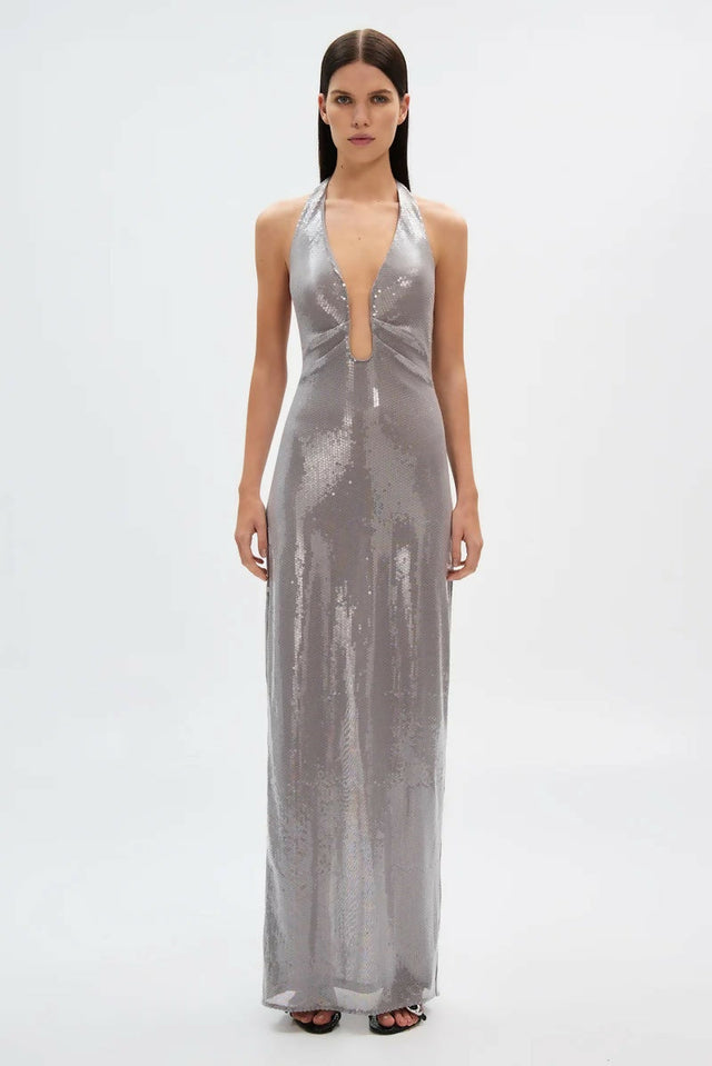 MISHA The Alusia Sequin Maxi Dress - 8 / Silver - Dresses