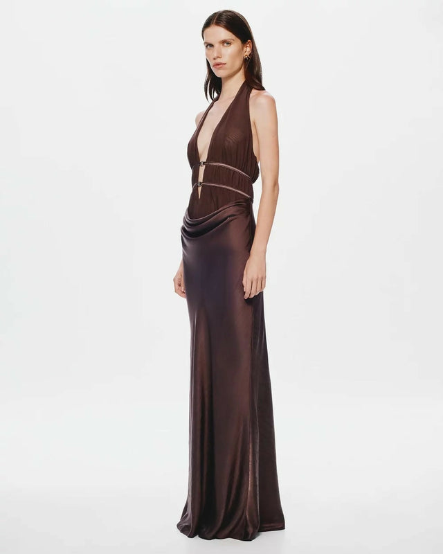 Misha The Celine Satin Maxi Dress Umber Brown Size 10 - 10 / Brown - Dresses