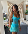 Mr Winston Aqua Lace Halter Top - 8 / Blue - Tops