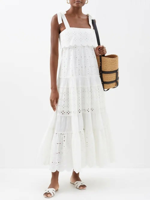 ALEMAIS Evie Panelled Tie Midi Maxi Dress White