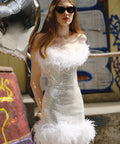 New Arrivals - New Arrivals Liza in White Waves Feather Mini Dress Sequin Size 6