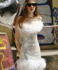 New Arrivals - New Arrivals Liza White Waves Feather Mini Dress