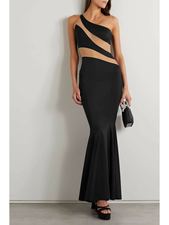 Norma Kamali Snake One-Shoulder Mesh-Paneled Stretch-Jersey Gown - 4 / Black - Dresses