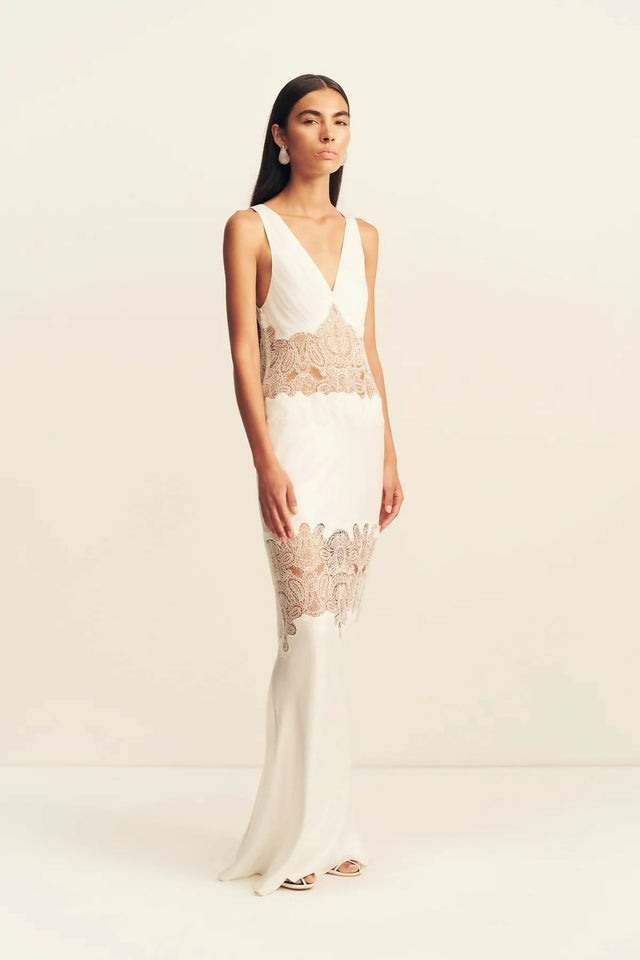 Shona Joy Stratus Plunged Lace Panelled Maxi Dress - Ivory