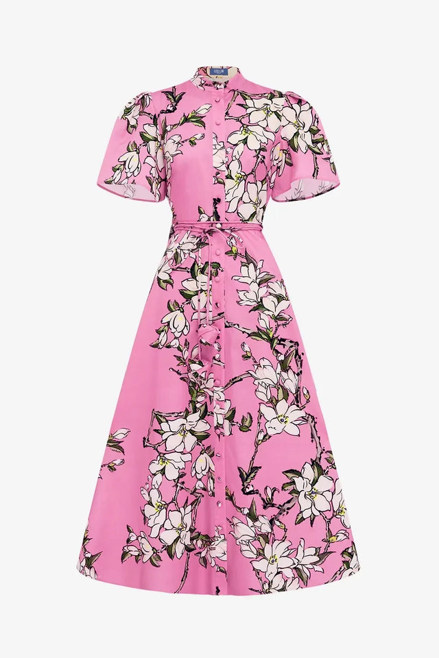 Leo Lin Bianca Short Sleeve Midi Dress - Pink Magnolia Print