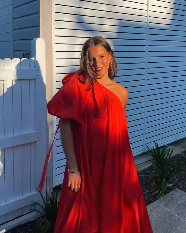 Oroton One Shoulder Red Maxi Gown - 12 / Red - Dresses