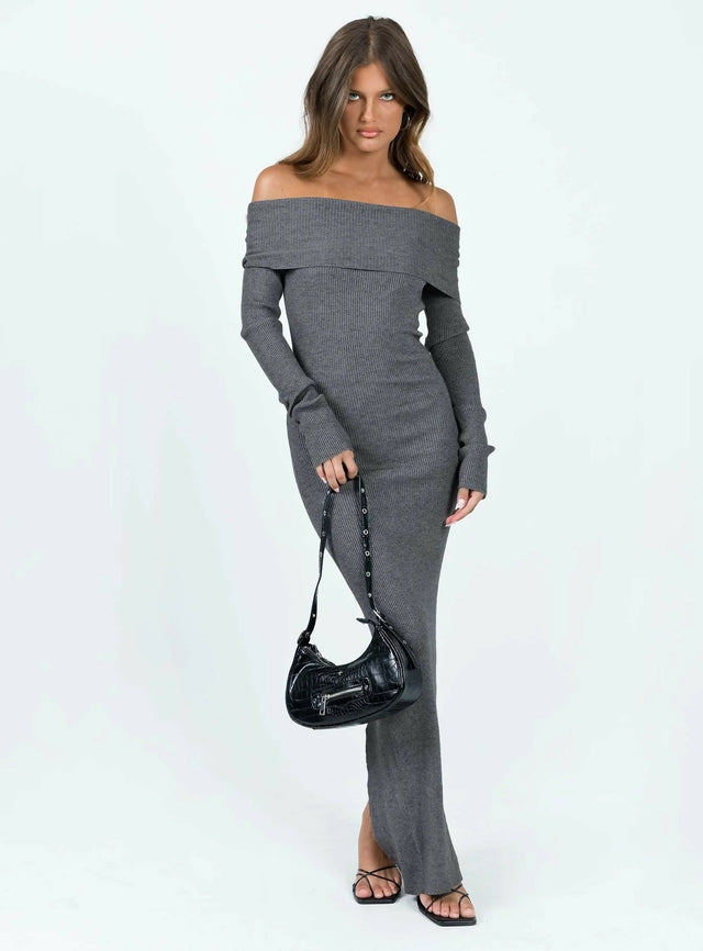 Princess Polly Phylis Off Shoulder Maxi Dress in Slate - 8 / Gray - Dresses