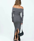 Princess Polly Phylis Off Shoulder Maxi Dress in Slate - 8 / Gray - Dresses