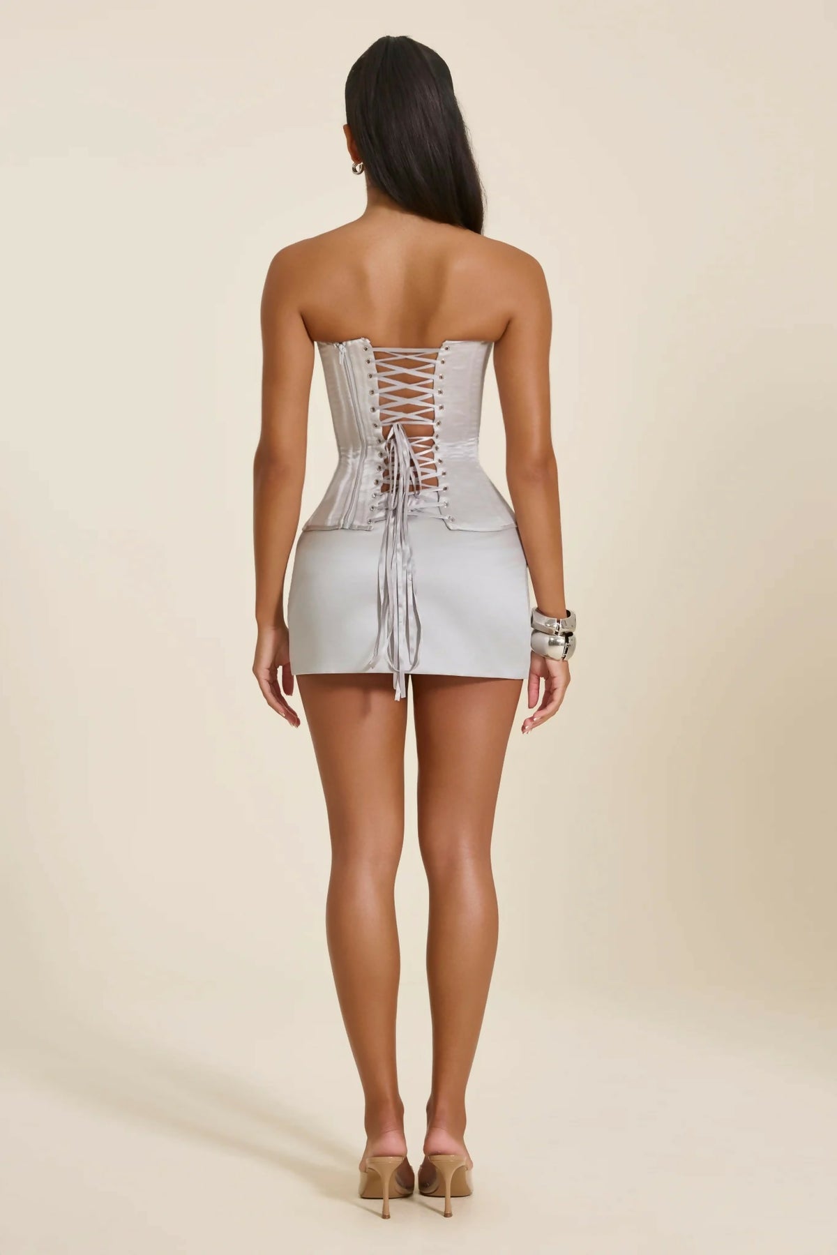 Mars The Label The Fiora Satin Mini Skirt &amp; Corset Top In Silver – view 3