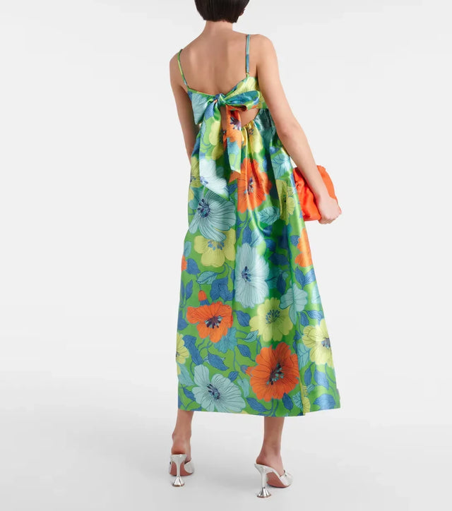 Alemais Calypso Floral Satin Midi Dress Green Blue Flower Print