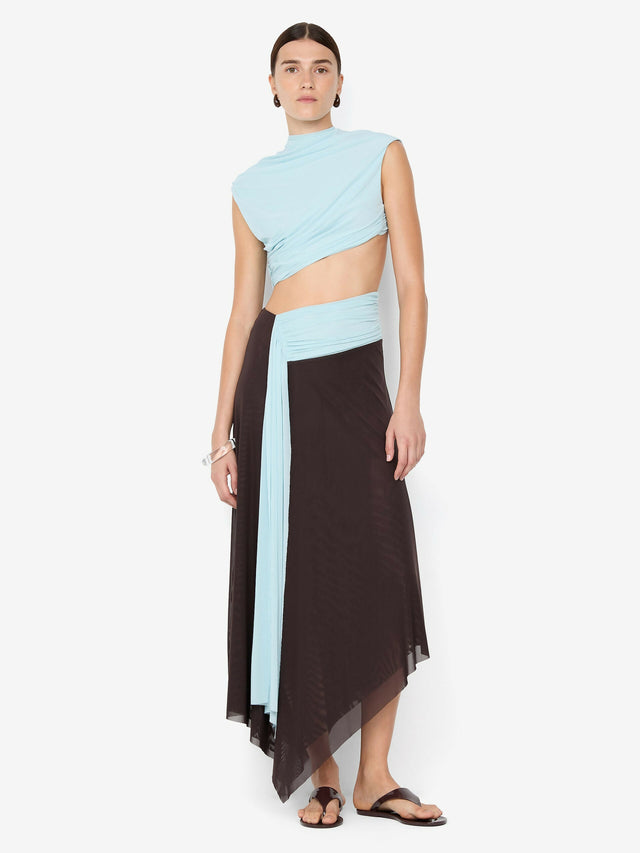 Bec and Bridge Conni Asym Midi Dress Artic Blue and Dark Choc