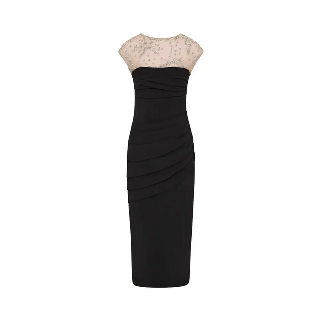 Rachel Gilbert Dottie Floral Crystal Sheer Draped Midi Dress Black Size 6 - 6 / Black - Dresses