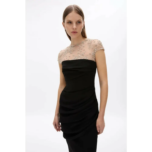 Rachel Gilbert Dottie Floral Crystal Sheer Draped Midi Dress Black Size 6 - 6 / Black - Dresses