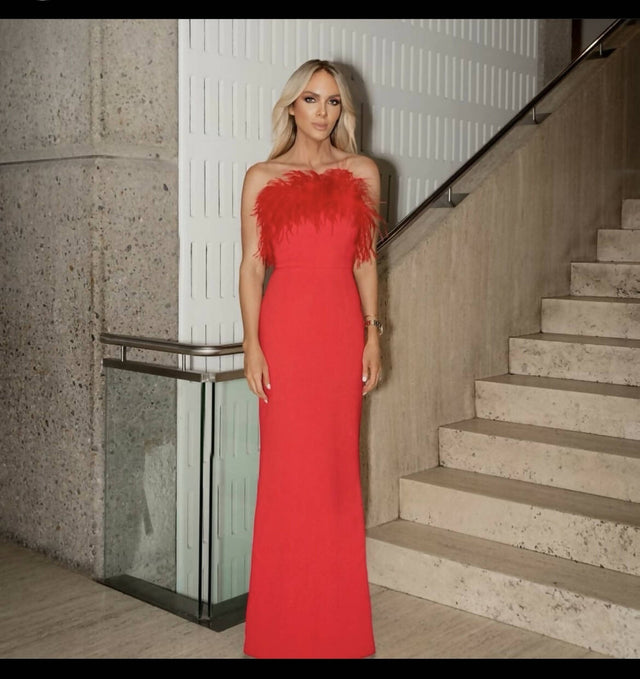 REBECCA VALLANCE - Rebecca Vallance Scarlett Strapless Feather Gown