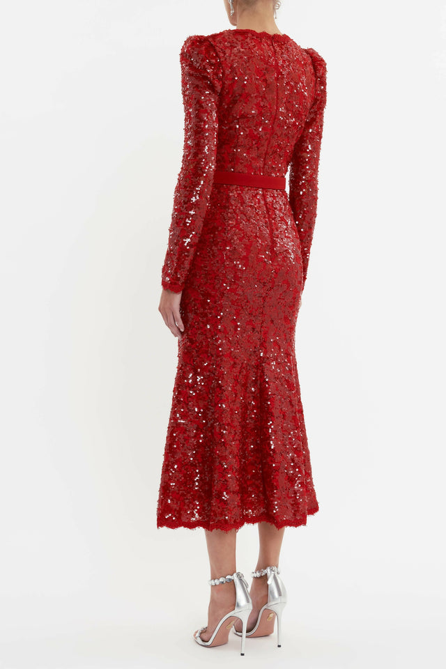 Rebecca Vallance X Nicky Hilton Leyla Long Sleeve Midi Dress Red Sequi