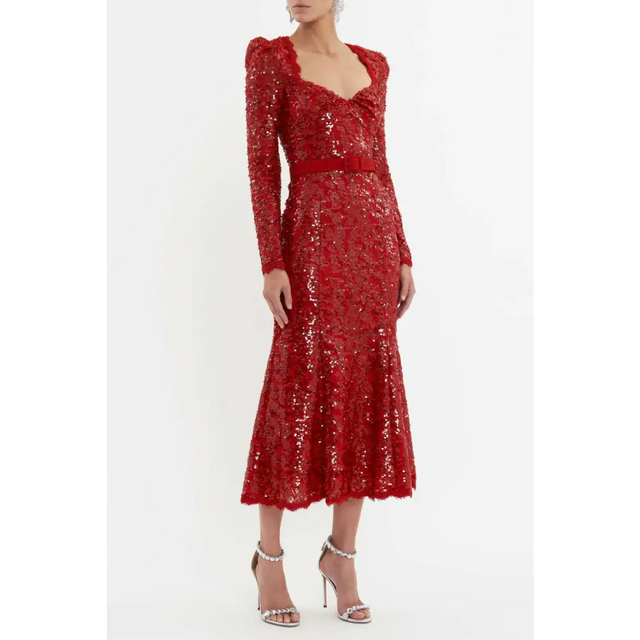Rebecca Vallance X Nicky Hilton Leyla Long Sleeve Midi Dress Red Sequin Size 6 - 6 / Red - Dresses